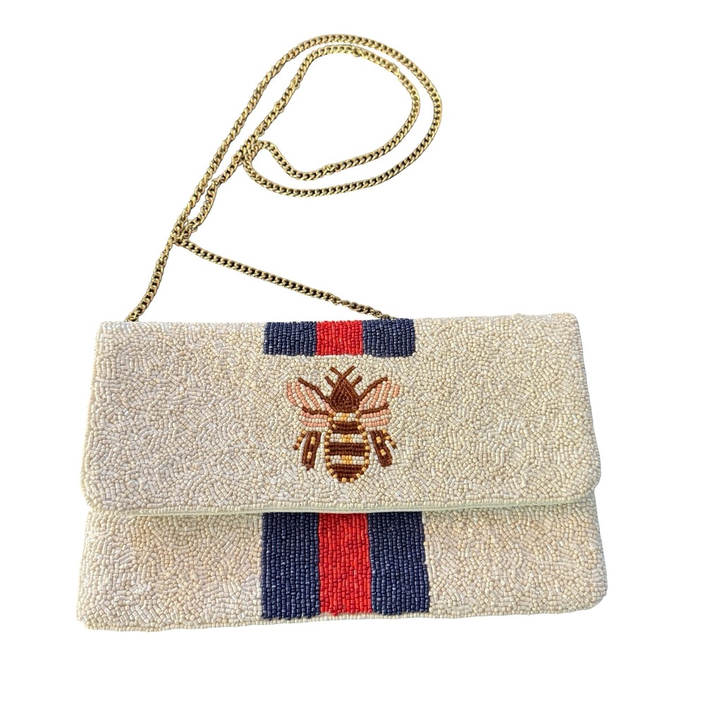 LA Chic Designs Beaded Bee Crossbody Bag Women Small White Striped Clutch Purse